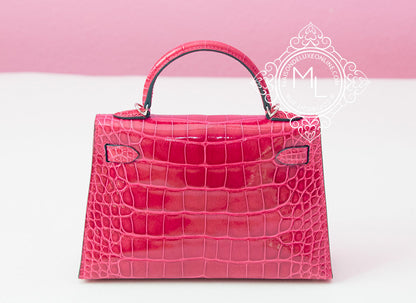 Hermes Mini Kelly II 20 Rose Extreme Shiny Alligator