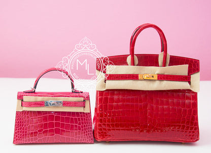 Hermes Mini Kelly II 20 Rose Extreme Shiny Alligator