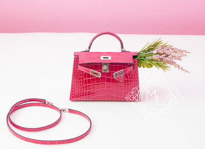 Hermes Mini Kelly II 20 Rose Extreme Shiny Alligator