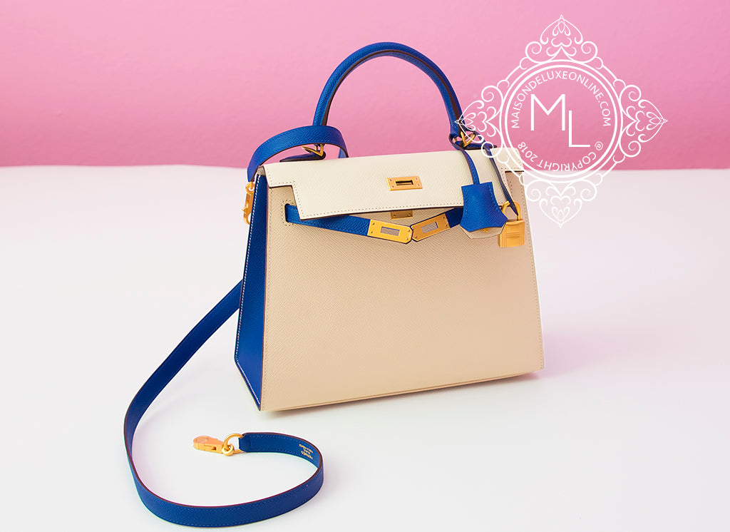 Hermes Craie + Blue Electrique HSS Sellier Kelly 25 Handbag