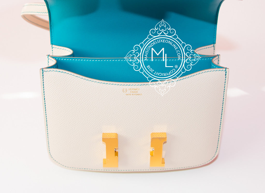 Hermes Constance Mini 18 Craie + Blue Paon Epsom Handbag