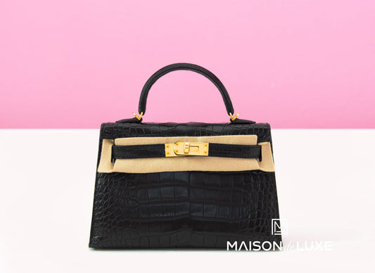 Hermes Mini Kelly II 20 Black Matte Alligator Gold Hardware