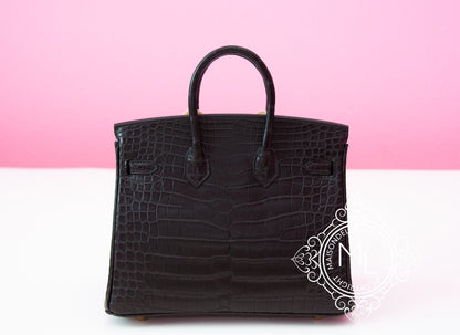 Hermes Noir Black Matte Crocodile Gold Birkin 25 Handbag