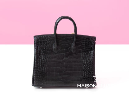 Hermes Birkin 25 Black Matte Crocodile Alligator Palladium Handbag