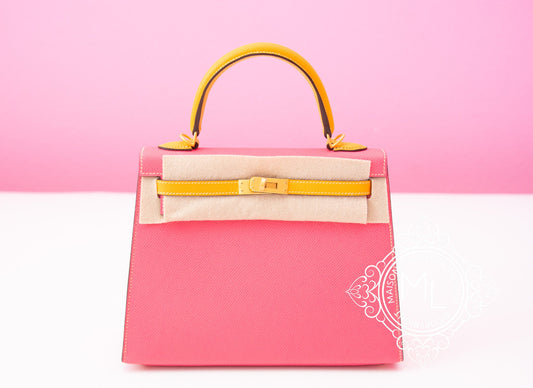 Hermes Rose Azalee + Jaune d'Or HSS Sellier Epsom Kelly 25 Handbag