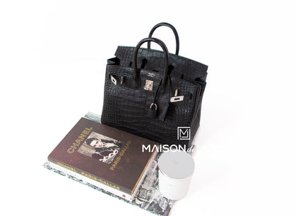 Hermes Birkin 25 Black Matte Crocodile Alligator Palladium Handbag