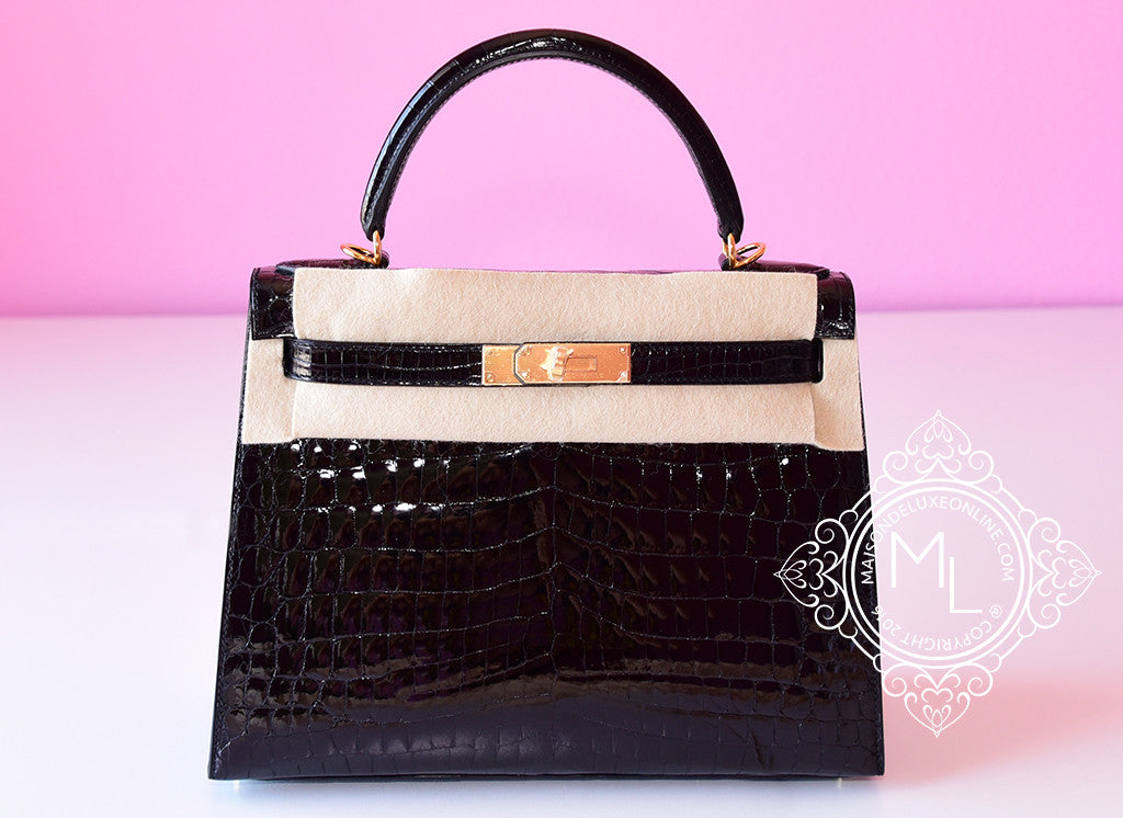 Hermes Noir Black GHW Niloticus Crocodile Sellier Kelly 28 Handbag