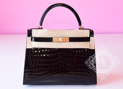 Hermes Noir Black GHW Niloticus Crocodile Sellier Kelly 28 Handbag