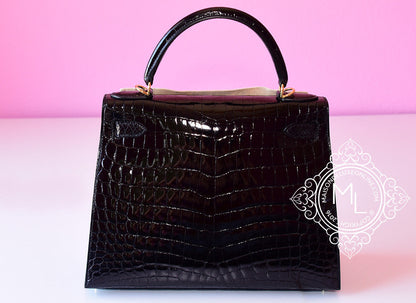 Hermes Noir Black GHW Niloticus Crocodile Sellier Kelly 28 Handbag