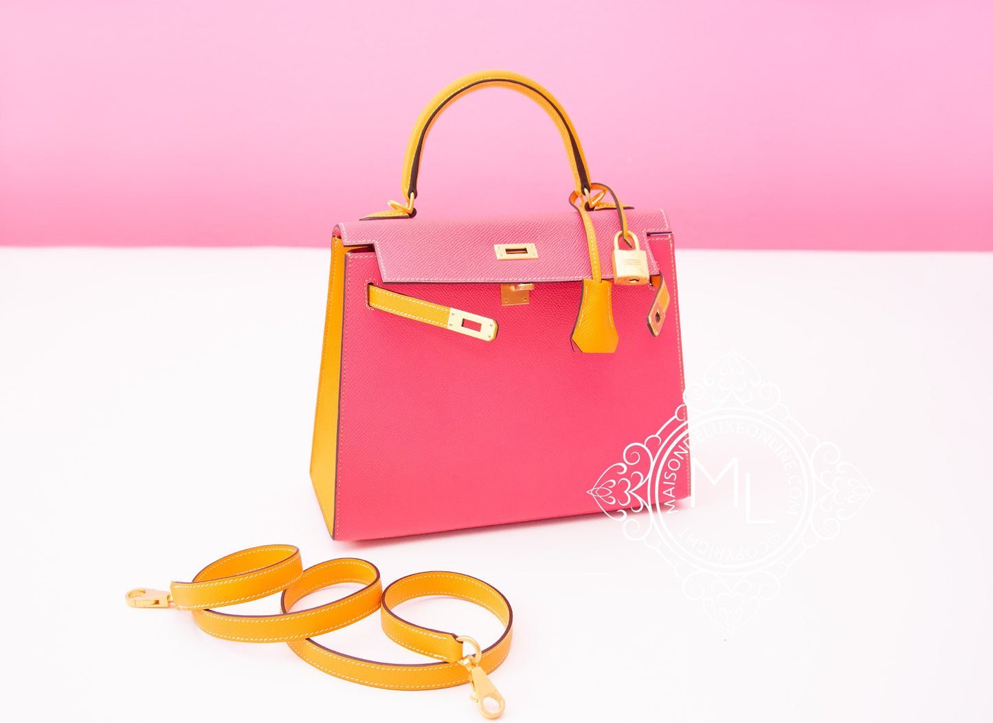 Hermes Rose Azalee + Jaune d'Or HSS Sellier Epsom Kelly 25 Handbag