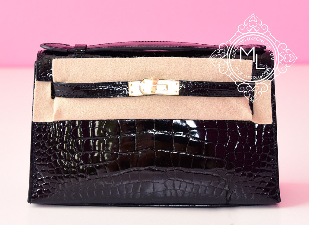 Hermes Noir Black GHW Crocodile Mini Kelly Pochette