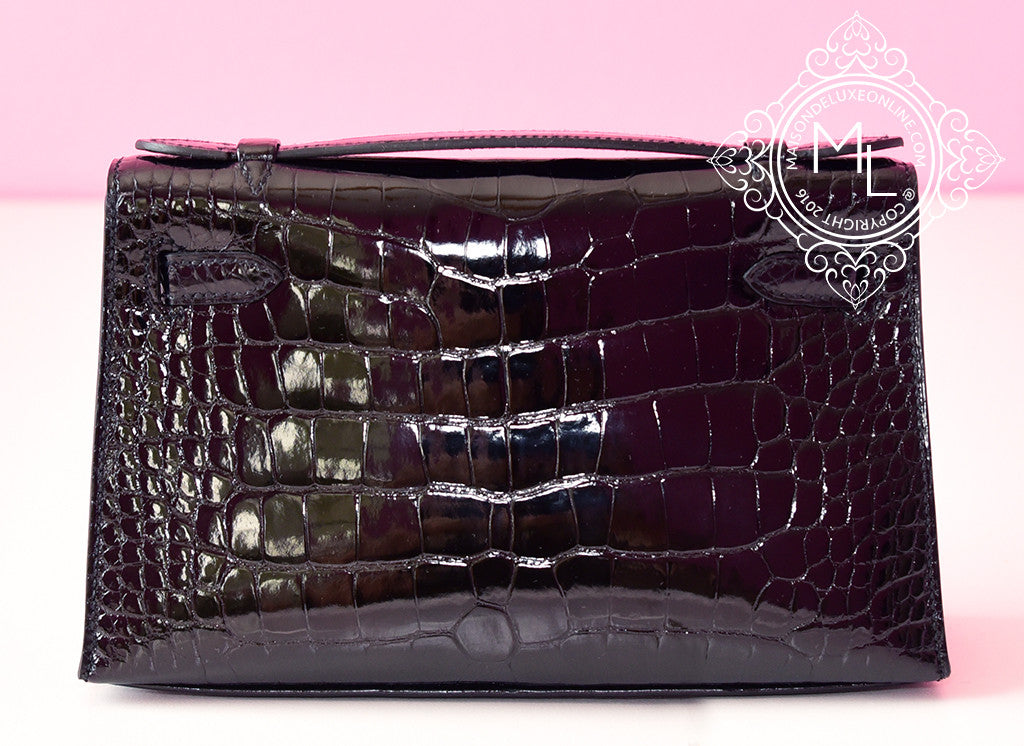 Hermes Noir Black GHW Crocodile Mini Kelly Pochette