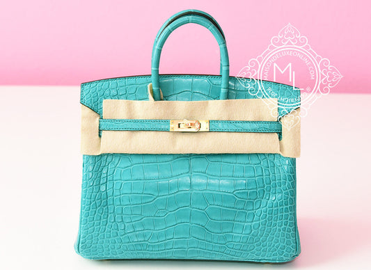 Hermes Blue Paon Crocodile Gold Birkin 25 Handbag