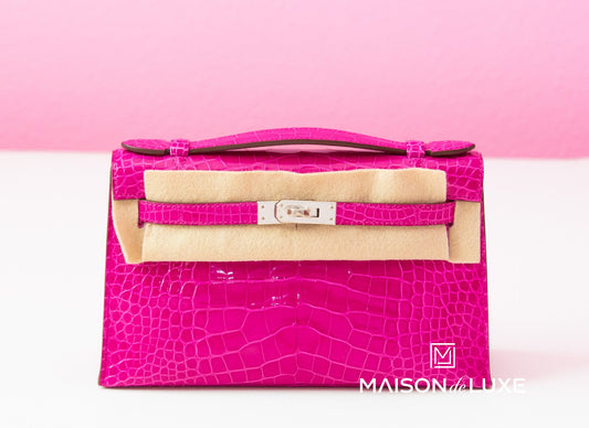 Hermes Rose Scheherazade Crocodile Mini Kelly Pochette Clutch