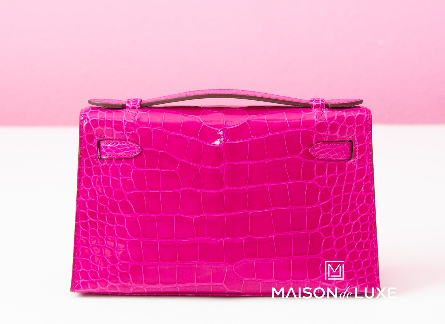 Hermes Rose Scheherazade Crocodile Mini Kelly Pochette Clutch