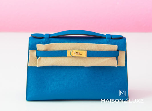 Hermes Blue Izmir GHW Epsom Mini Kelly Pochette Clutch