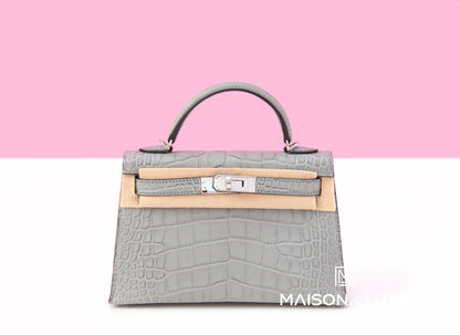 Hermes Mini Kelly II 20 Gris Ciment Matte Alligator