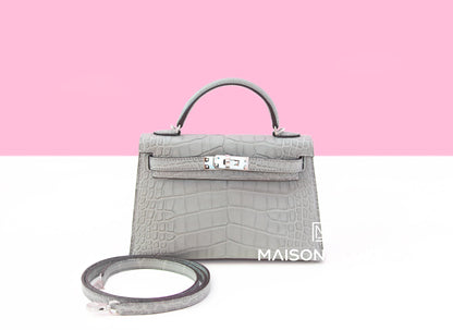 Hermes Mini Kelly II 20 Gris Ciment Matte Alligator