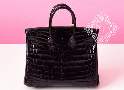 Hermes Noir Black Crocodile Palladium Birkin 25 Handbag