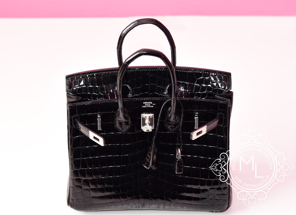 Hermes Noir Black Crocodile Palladium Birkin 25 Handbag