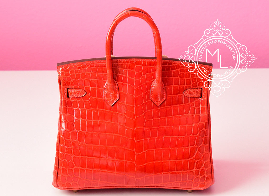 Hermes Geranium Red Crocodile Gold Birkin 25 Handbag