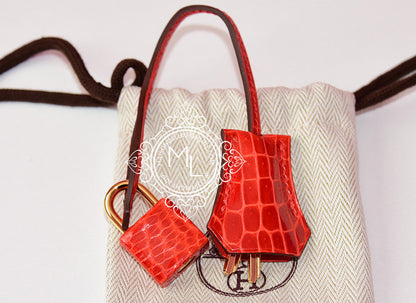 Hermes Geranium Red Crocodile Gold Birkin 25 Handbag