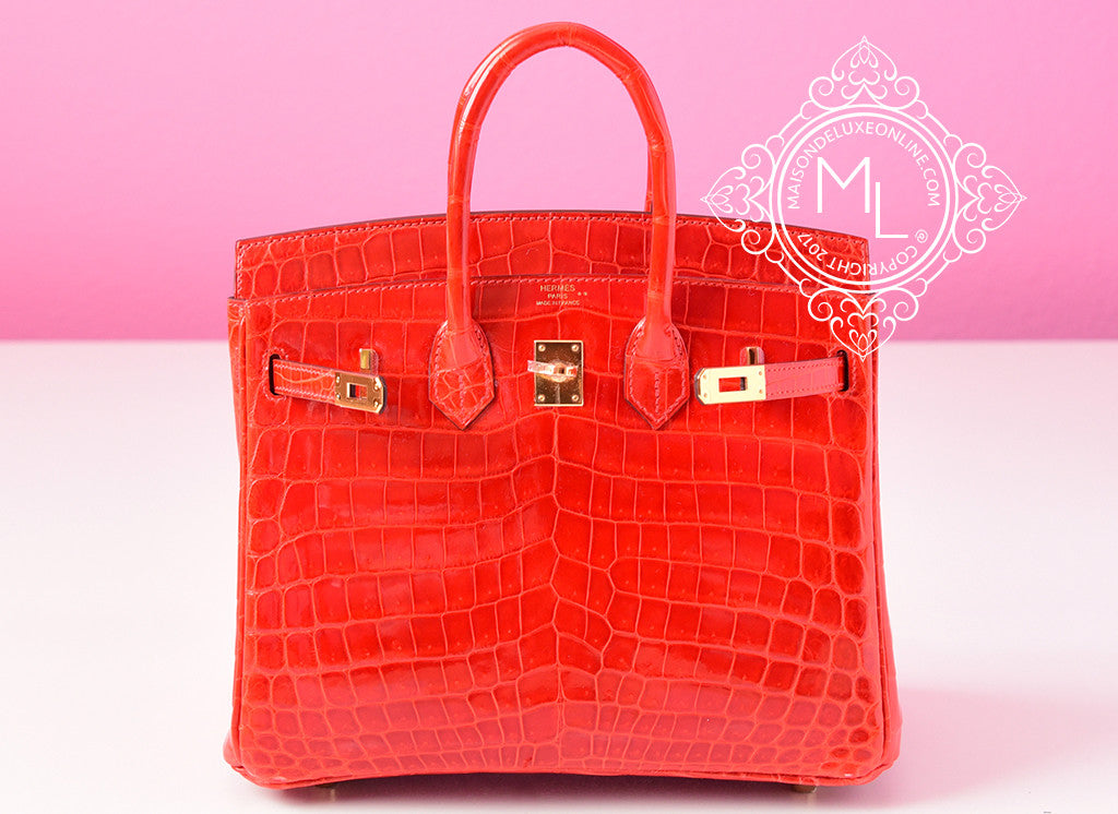 Hermes Geranium Red Crocodile Gold Birkin 25 Handbag