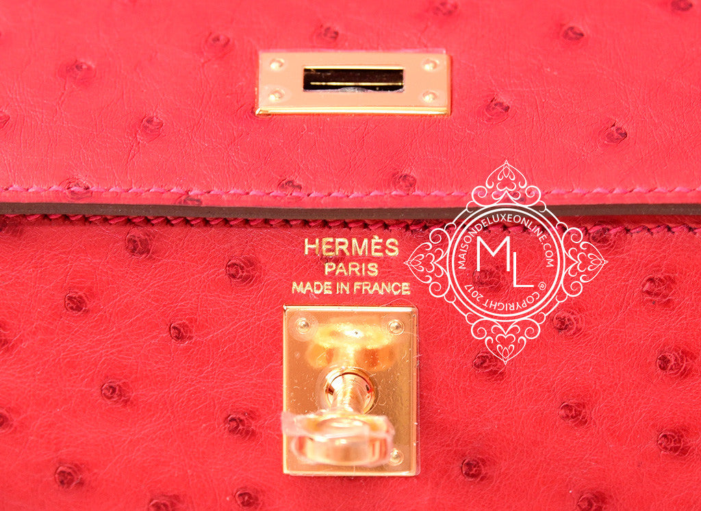 Hermes Rouge Vif GHW Ostrich Sellier Kelly 25 Handbag