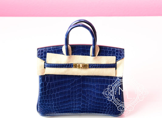 Hermes Blue Saphir Sapphire Crocodile Gold Birkin 25 Handbag