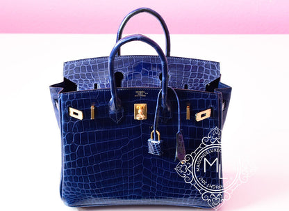 Hermes Blue Saphir Sapphire Crocodile Gold Birkin 25 Handbag