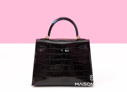 Hermes Kelly Sellier 25 Black Shiny Alligator