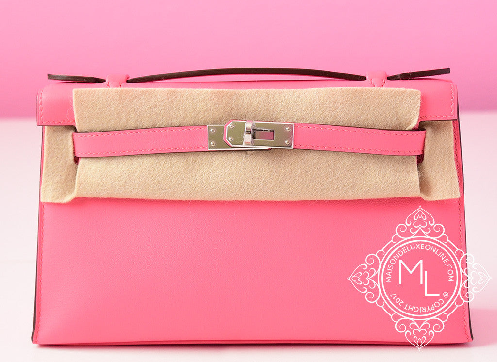 Hermes Rose Azalee PHW Mini Kelly Pochette Clutch