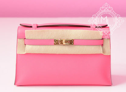 Hermes Rose Azalee PHW Mini Kelly Pochette Clutch