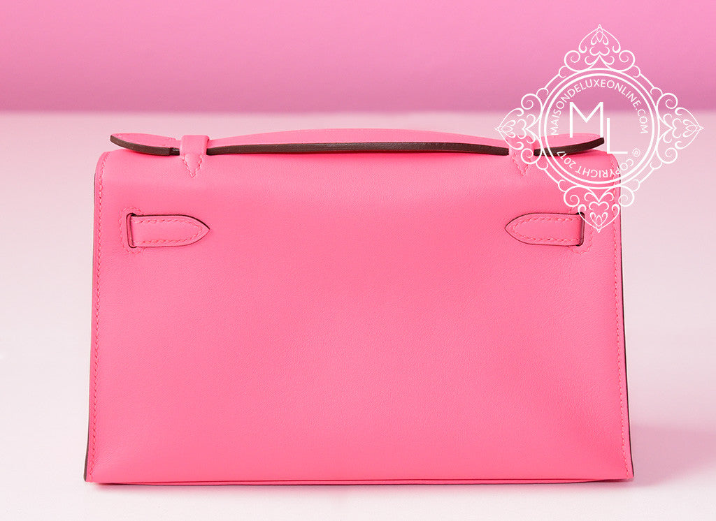 Hermes Rose Azalee PHW Mini Kelly Pochette Clutch