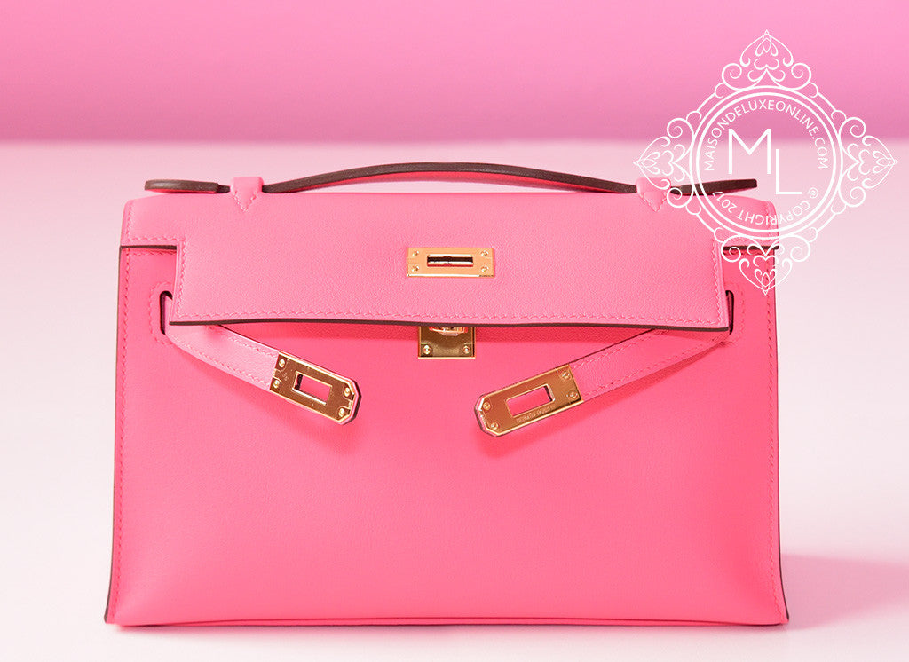 Hermes Rose Azalee PHW Mini Kelly Pochette Clutch