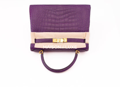 Hermes Kelly Retourne 28 Amethyst Matte Crocodile Alligator Handbag