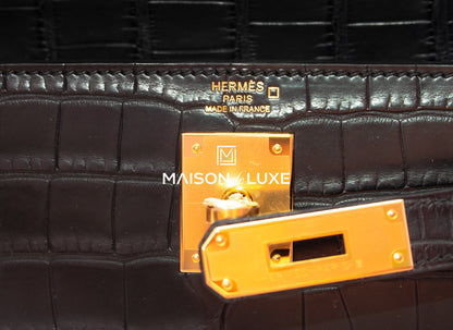 Hermes Kelly Retourne 28 Black Matte Crocodile Alligator Handbag