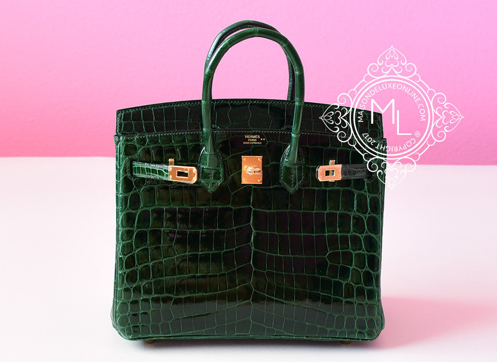 Hermes Green Vert Fonce Crocodile Gold Birkin 25 Handbag