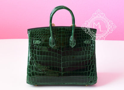 Hermes Green Vert Fonce Crocodile Gold Birkin 25 Handbag