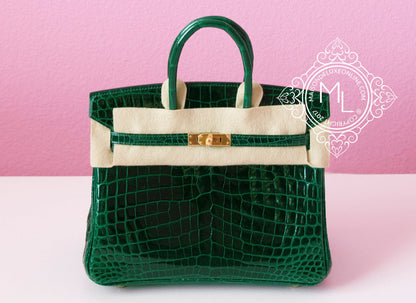 Hermes Green Vert Fonce Crocodile Gold Birkin 25 Handbag