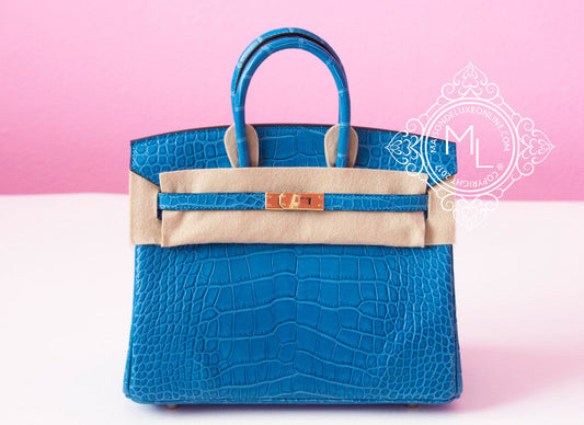 Hermes Mykonos Blue Crocodile Gold Birkin 25 Handbag