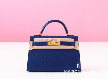 Hermes Mini Kelly II 20 Bleu Iris Ostrich Gold Hardware