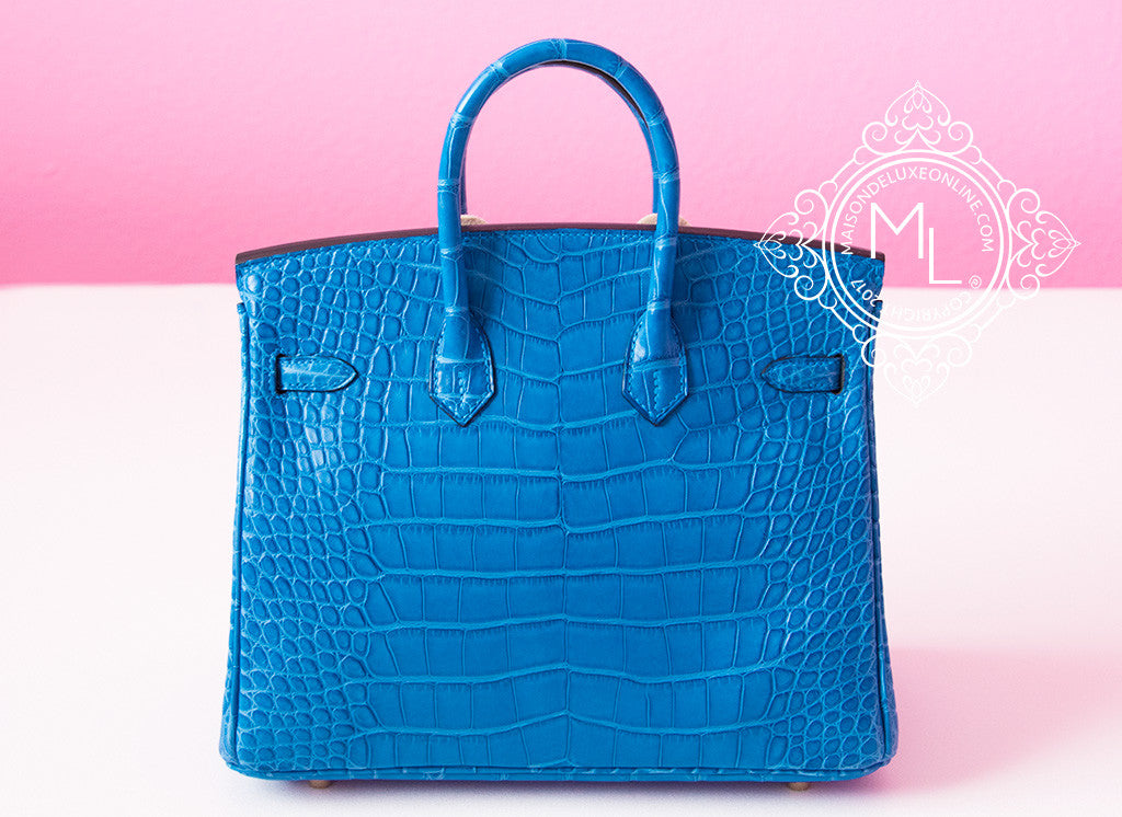 Hermes Mykonos Blue Crocodile Gold Birkin 25 Handbag