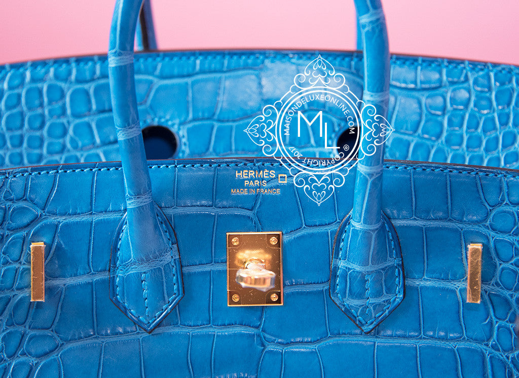 Hermes Mykonos Blue Crocodile Gold Birkin 25 Handbag