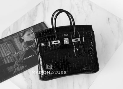 Hermes Noir Black Shiny Crocodile Palladium Birkin 25 Handbag