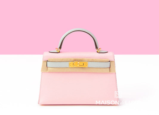 Hermes Mini Kelly II 20 Rose Sakura & Gris Perle Chèvre