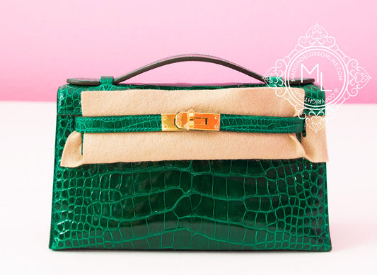 Hermes Vert Emeraude GHW Crocodile Mini Kelly Pochette Clutch