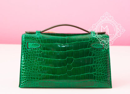 Hermes Vert Emeraude GHW Crocodile Mini Kelly Pochette Clutch