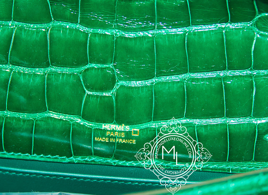 Hermes Vert Emeraude GHW Crocodile Mini Kelly Pochette Clutch