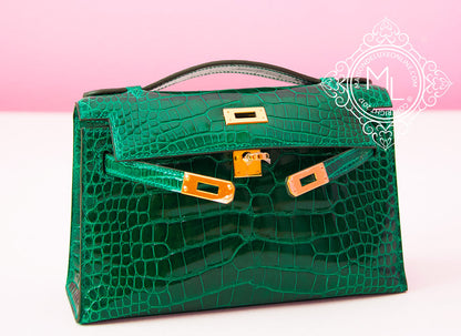 Hermes Vert Emeraude GHW Crocodile Mini Kelly Pochette Clutch